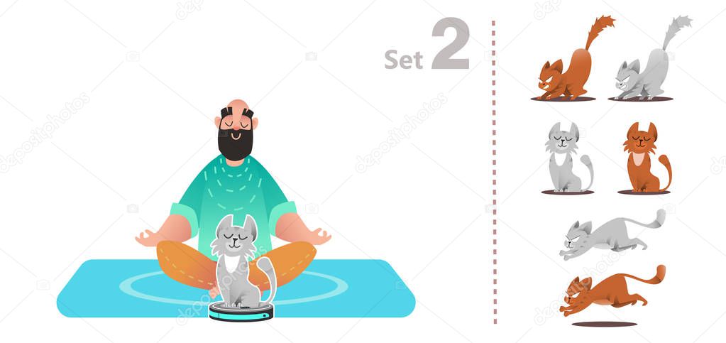 Cat plays with a vacuum cleaner, rides a smart vacuum cleaner, hunts moving household appliances. Set of cat poses. Kitten plays, jumps on a smart vacuum cleaner. Isolated set gray and red cats