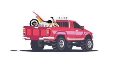 Kamyonet ile spor motosiklet. Pikap araba ve arkada taşınan motosiklet yarış motocross. Ekipman ve stok takım spor motorsporları transferi. Vektör karikatür çizim