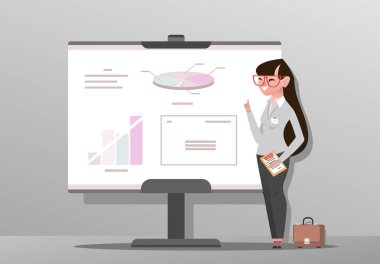 Sunu iş elbiseli Genç kadın. CEO iş kadın mesleği grafikler beyaz tahta konferans odasında. İş Seminer Toplantı planlama. Kadın karakter karikatür tarzı - vektör