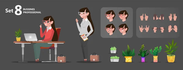 Stilize karakterler için animasyon ayarlayın. Kadın office meslekler. İzole parçaları vücut pozlar kullanarak ve karakter tasarımı oluşturmak için ayarlayın. Çekici kadın web, afiş, reklam için.