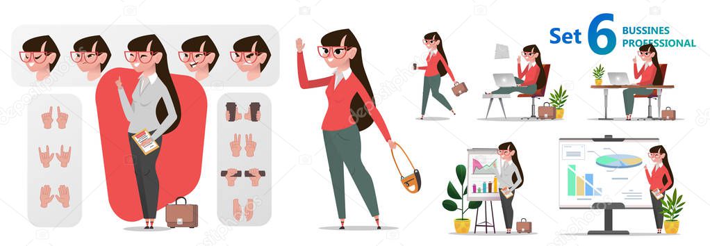 Stylized characters set for animation. Woman office professions. Set isolated parts body for using poses and constructing character design. Pretty girl in business clothes solves business problems