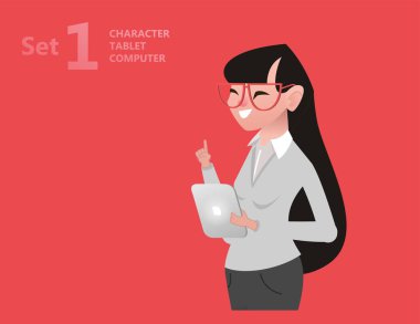 Tablet bilgisayar elinde tutan mutlu kadın. Pozitif portre web afiş tasarımı için. Vektör çizim karikatür tarzı. -Vektör