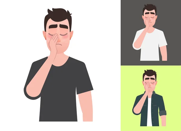 ジェスチャー Facepalm を示す悲しい男 ベクトル図頭痛 うつ病または漫画フラット スタイルの恥 ベクトル — ストックベクタ