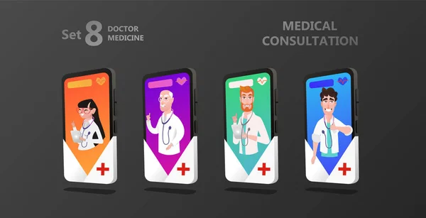 Doktor smartphone ekranında. Online tıbbi konsültasyon kavramı. Kırmızı bir çarpı işareti ile Smartphone Doktor önlük içinde. Online Doktor karakter ya da yolu ile telefon doktora hasta Danışma