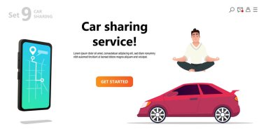 Araba Paylaşımı hizmeti. Yoga sakin adam ve araba. Mobil şehir ulaşım kavramı, Online araba karikatür karakter ve ekran smartphone ile paylaşımı açılış sayfası, Kullanıcı arabirimi, şablon web tasarım için kullanabilirsiniz