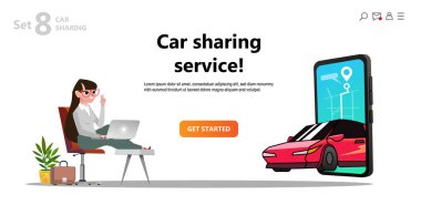 Online carsharing. Ekran smartphone araç. Kadın ve scooter kiralamak. Mobil şehir ulaşım kavramı, Online araba karikatür karakter ve ekran smartphone ile paylaşımı web vektör tasarımı için kullanabilirsiniz