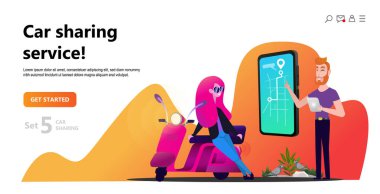 Online carsharing. Kadın ve scooter kiralamak. Mobil şehir ulaşım kavramı, Online araba karikatür karakter ve ekran smartphone ile paylaşımı açılış sayfası, Kullanıcı arabirimi, şablon web tasarım için kullanabilirsiniz. 