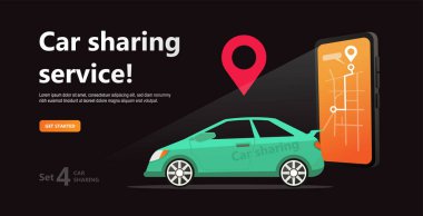 Araba Paylaşım kavramı. Smartphone ve kiralık araba ile iş adamı. Park Hizmeti Web sitesi şablonu. Online aktarım hizmeti kira. Siyah arka plan üzerine online araba paylaşımı ve çizgi film karakteri. İzole