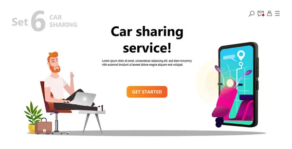 Online carsharing. Motosiklet üstünde perde smartphone. Adam ve scooter kiralamak. Mobil şehir ulaşım kavramı, Online araba karikatür karakter ve ekran smartphone ile paylaşımı web tasarımı için kullanabilirsiniz
