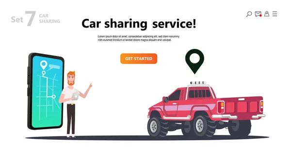 Online carsharing. Ekran smartphone üzerinde eşleyin. Adam ve kiralık kamyon. Mobil şehir ulaşım kavramı, Online araba karikatür karakter ve ekran smartphone ile paylaşımı web tasarımı için kullanabilirsiniz