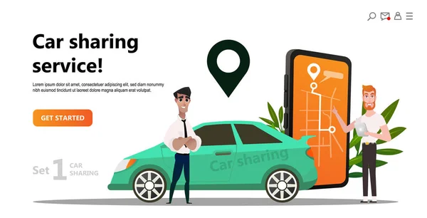 Concept Covoiturage Homme Affaires Avec Smartphone Voiture Location Modèle Site — Image vectorielle