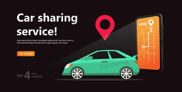 Concetto Car Sharing Uomo Affari Con Smartphone Noleggio Auto Modello — Vettoriale Stock