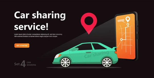 Araba Paylaşım kavramı. Smartphone ve kiralık araba ile iş adamı. Park Hizmeti Web sitesi şablonu. Online aktarım hizmeti kira. Siyah arka plan üzerine online araba paylaşımı ve çizgi film karakteri. İzole