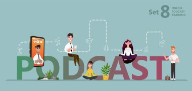 Podcast concept illustration. Students watching recorded podcast training with professor talking from tablet. Online education, podcast, training - vector flat illustration clipart