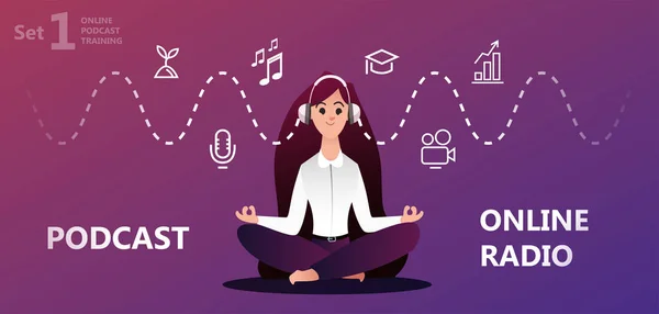 Podcast kavramı illüstrasyon. Online podcast, eğitim, kurs vektör illüstrasyon kavramı, podcast, dizüstü bilgisayar ve akıllı telefon çalışma öğrenme insanlar-ebilmek kullanma için açılış sayfası, şablon, UI, web