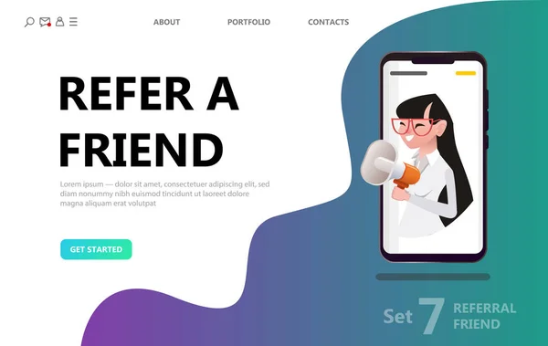 Arkadaşına Öner kavramı, açılış sayfası, şablon, UI, web, mobil uygulaması, poster afiş veya el ilanı için kadın insanlar megafon smartphone ekranında, Not kullanabilirsiniz. Dijital iş - vektör çizim 