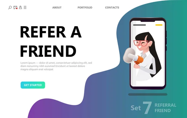 友人を紹介するコンセプトは 女性の人がスマート フォンの画面でメガホンで叫ぶランディング ページ テンプレート Web モバイル アプリ ポスター バナーやチラシに使用できます — ストックベクタ