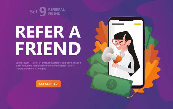 Arkadaşına Öner. Kız çığlık ve megafon teslim scriin Smartphone cep telefonu ile. Eyleme para veya ödeme için çağrı. İçin açılış sayfası, şablon, UI, web, mobil uygulaması, poster, afiş, el ilanı - vektör kullanabilirsiniz