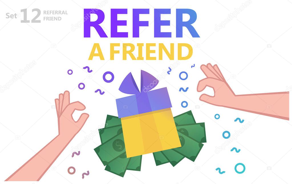 Social media concept. Refer friends. Vector cartoon flat Illustration of two Hands and Gift Box. Friend Sharing Referral Code Concept use for landing page, template, ui, web, mobile app, poster banner