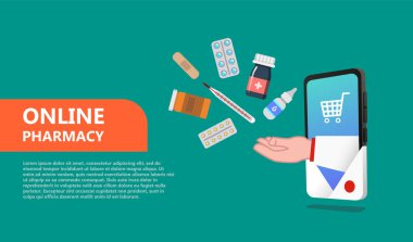 Online eczane. İzole düz stil eczane kavram. Web tasarım şablonu için açılış sayfası, şablon, UI, web, mobil uygulaması, poster, afiş, el ilanı - vektör kullanabilirsiniz