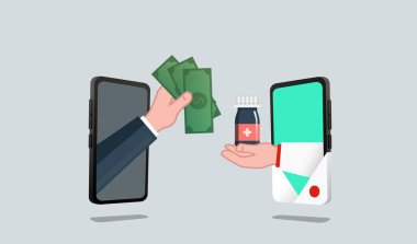 Doktorlar, online eczane tıp kavramı satın ilaçlar. El online mağaza alımları için ödemeyi nakit aktarır. Doktor el şişe ilaç alıcı hastaya geçer.