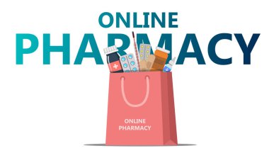Online eczane konsepti. Hastanın el tarifi göre antibiyotik ilaçlar ile alışveriş çantası. Eczane vektör kavramı tıbbi tedavi, hap ilaç ve ilaç illüstrasyon - vektör
