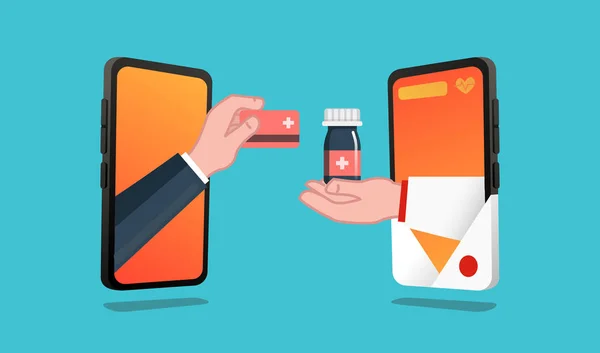 Online eczane. Bir kişi ile smartphone hapları online satın alma el. Sağlık online eczane konsepti. Doktor veya eczacı hapları medicinebottle hastaya tutan el - vektör
