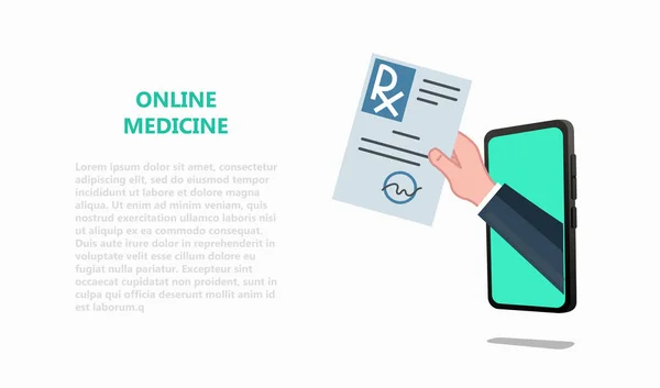 Online tele tıp, eczane, eczane konsepti. Hastaya reçete vermek smartphone ekran aracılığıyla RX tutan doktor el. Sağlık vektör açılış sayfası. İmza ve Doktor damgası