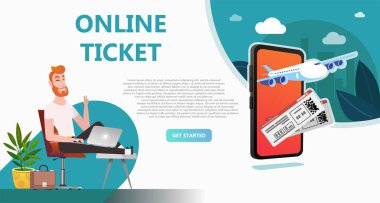 Online seyahat mağaza, online bilet rezervasyon. Uçak bileti satın alma ev kullanarak telefon, tablet, bilgisayar. E-alışveriş kavramı. Açılış sayfası, şablon, UI, web, mobil uygulaması, poster, afiş için kullanın