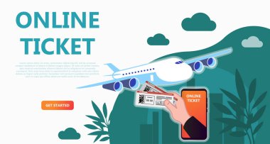 Online seyahat mağaza, online bilet rezervasyon. Uçak bileti satın alma ev kullanarak telefon, tablet, bilgisayar. E-alışveriş kavramı. Açılış sayfası, şablon, UI, web, mobil uygulaması, poster, afiş için kullanın