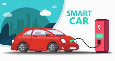 Popüler araba alay. İstasyonu hızlı şarj elektro araba. Kavram Eko Kiralık arka planda ağaçlar ve şehir, açılış sayfası, şablon, UI, web, mobil uygulaması, poster, afiş, el ilanı - için kullanabilirsiniz vektör