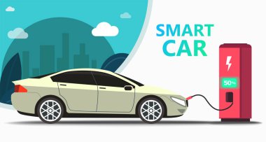 Popüler araba alay. İstasyonu hızlı şarj elektro araba. Kavram Eko Kiralık arka planda ağaçlar ve şehir, açılış sayfası, şablon, UI, web, mobil uygulaması, poster, afiş, el ilanı - için kullanabilirsiniz vektör