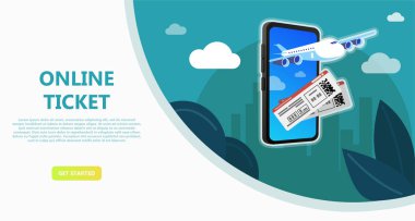 Online seyahat mağaza, online bilet rezervasyon. Uçak bileti satın alma ev kullanarak telefon, tablet, bilgisayar. E-alışveriş kavramı. Açılış sayfası, şablon, UI, web, mobil uygulaması, poster, afiş için kullanın