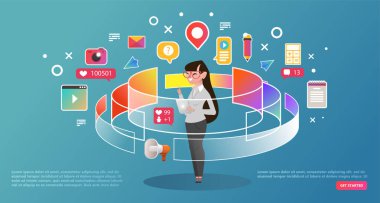 İçerik pazarlama, iş şablon açılış sayfası. Sanal gerçeklik bilgisayar oyun kişi. Web afiş, infographics, kahraman resim - web ve uygulama geliştirme yaratıcı kavramı ile kadın karakter vektör