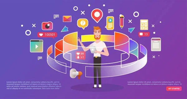 İçerik pazarlama, iş şablon açılış sayfası. Sanal gerçeklik bilgisayar oyun kişi. Web afiş, infographics, kahraman resim - web ve uygulama geliştirme yaratıcı kavramı ile erkek karakter vektör