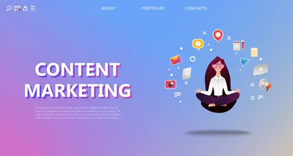 İçerik pazarlama açılış sayfası. Yoga mutlu kadın poz, internet pazarlamacı işyerinde. Web sayfası şablonu için renkli simgeler