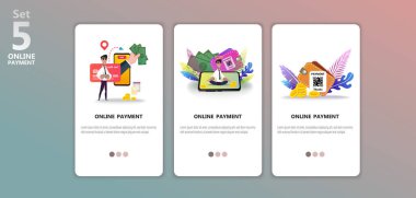 Online ödeme konsept illüstrasyon app templete ayarlayın. Internet Ödemeler, koruma havale, online banka. Mutlu karakter. Ekran gadget, para, m-cüzdan. Banner, mobil uygulaması, açılış sayfası için kullanın
