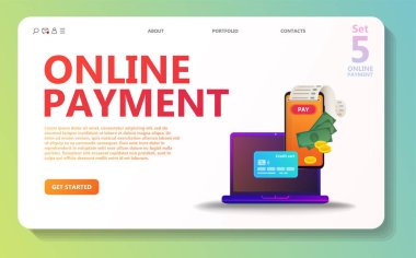 Online ödeme konsept illüstrasyon ayarlayın. Internet Ödemeler, koruma havale, online banka. Ekran gadget, para, cüzdan, kontrol edin. Kullanım afiş, mobil uygulaması, açılış sayfası - vektör için