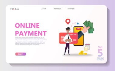 Online ödeme konsept illüstrasyon ayarlayın. Internet Ödemeler, koruma havale, online banka. Mutlu karakter. Ekran gadget, para, m-cüzdan. Kullanım afiş, mobil uygulaması, açılış sayfası - vektör için
