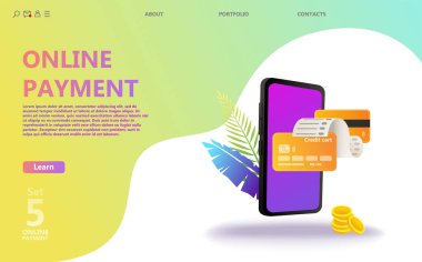 Online ödeme konsept illüstrasyon ayarlayın. Internet Ödemeler, koruma havale, online banka. Ekran gadget, para, cüzdan, kontrol edin. Kullanım afiş, mobil uygulaması, açılış sayfası - vektör için