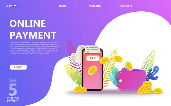 Online ödeme konsept illüstrasyon ayarlayın. Internet Ödemeler, koruma havale, online banka. Ekran gadget, para, cüzdan, kontrol edin. Kullanım afiş, mobil uygulaması, açılış sayfası - vektör için