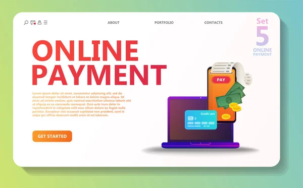 Online ödeme konsept illüstrasyon ayarlayın. Internet Ödemeler, koruma havale, online banka. Ekran gadget, para, cüzdan, kontrol edin. Kullanım afiş, mobil uygulaması, açılış sayfası - vektör için