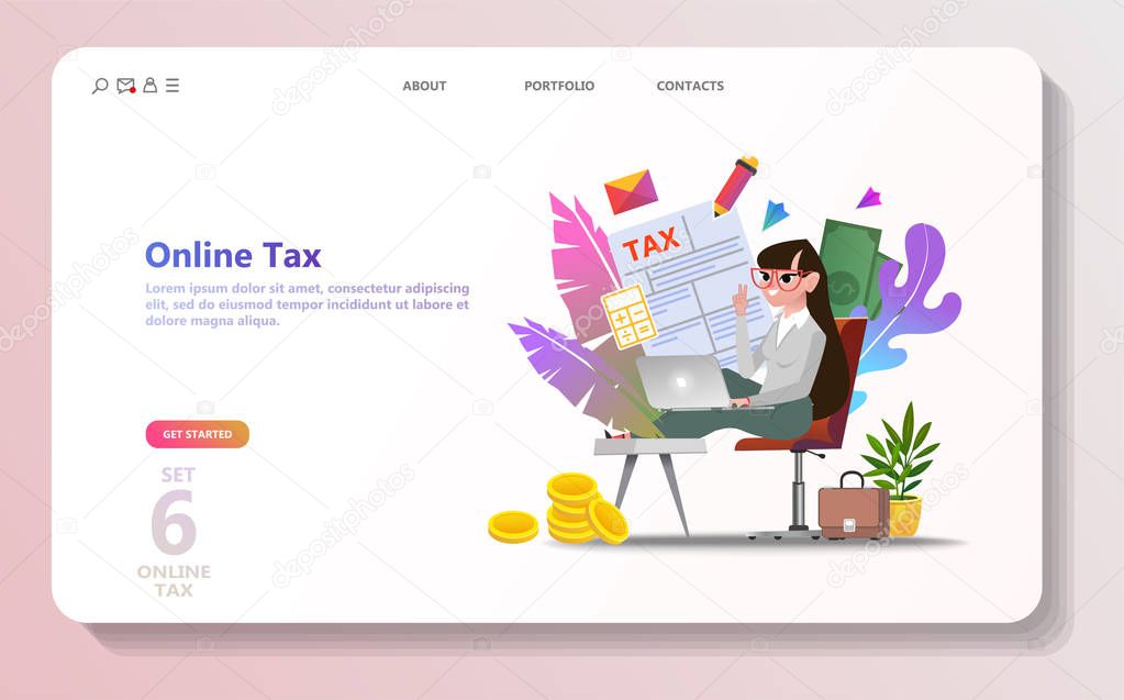 Online tax payment. People filling tax form. Flat isometric concept of online bill payment, shopping, banking, accounting Can use for template, landing page, ui, web, mobile app, poster, banner, flyer