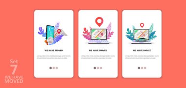 Vektör illüstrasyon kavramı taşındık. Yeni office simge konumu taşındık. Konumu duyuru iş ev Haritayı değiştirmek. Kullanmak için açılış sayfası, şablon, UI, web, mobil uygulaması, poster, afiş
