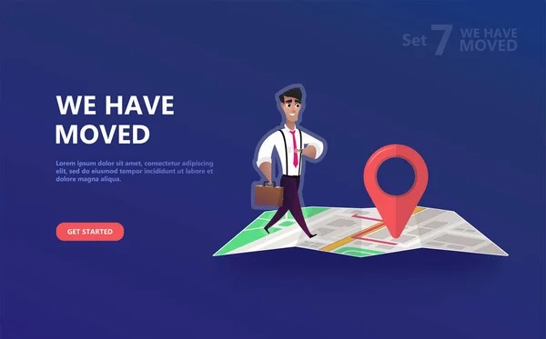 Vektör illüstrasyon kavramı taşındık. Yeni office simge konumu taşındık. Konumu duyuru iş ev Haritayı değiştirmek. Kullanmak için açılış sayfası, şablon, UI, web, mobil uygulaması, poster, afiş