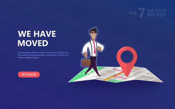 ベクトル図の概念に移転いたしました は新しいオフィスのアイコンの位置を移動しています お知らせビジネス ホーム ロケーションを変更します ランディング ページ テンプレート Web モバイル — ストックベクタ