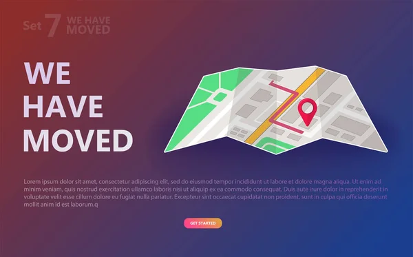 Vektör illüstrasyon kavramı taşındık. Yeni office simge konumu taşındık. Konumu duyuru iş ev Haritayı değiştirmek. Kullanmak için açılış sayfası, şablon, UI, web, mobil uygulaması, poster, afiş