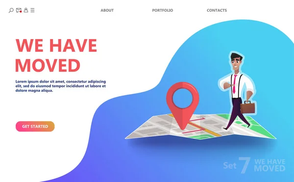 Vektör illüstrasyon kavramı taşındık. Yeni office simge konumu taşındık. Konumu duyuru iş ev Haritayı değiştirmek. Kullanmak için açılış sayfası, şablon, UI, web, mobil uygulaması, poster, afiş