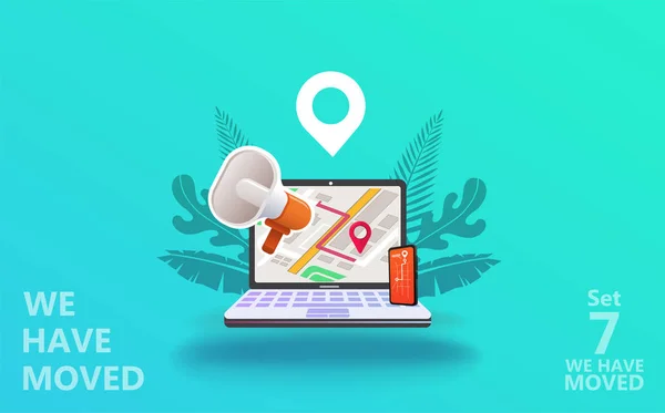 Vektör illüstrasyon kavramı taşındık. Yeni office simge konumu taşındık. Konumu duyuru iş ev Haritayı değiştirmek. Kullanmak için açılış sayfası, şablon, UI, web, mobil uygulaması, poster, afiş