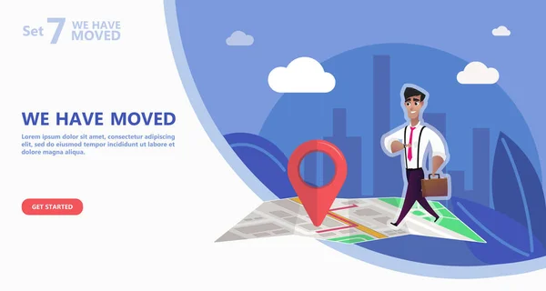 Vektör illüstrasyon kavramı taşındık. Yeni office simge konumu taşındık. Konumu duyuru iş ev Haritayı değiştirmek. Kullanmak için açılış sayfası, şablon, UI, web, mobil uygulaması, poster, afiş